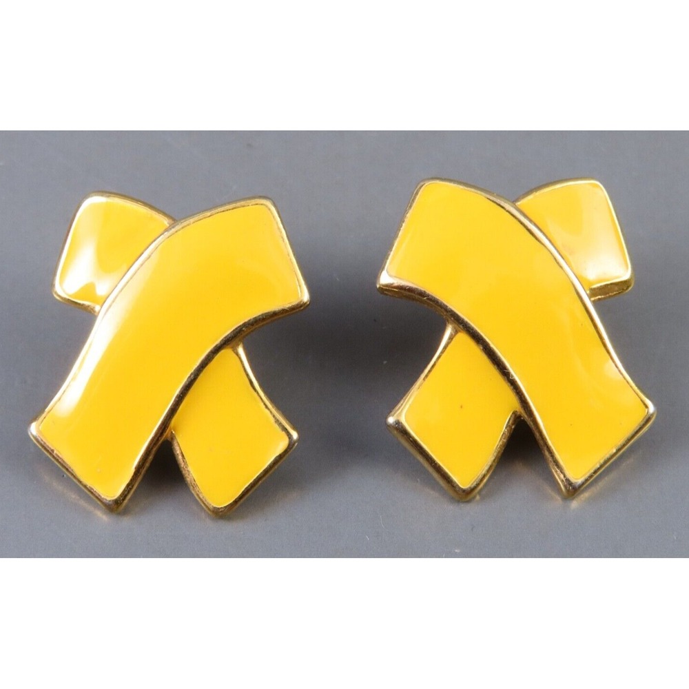 Vintage GOLD TONE STUD EARRINGS Bright Yellow Enamel SORT OF "X" SHAPED